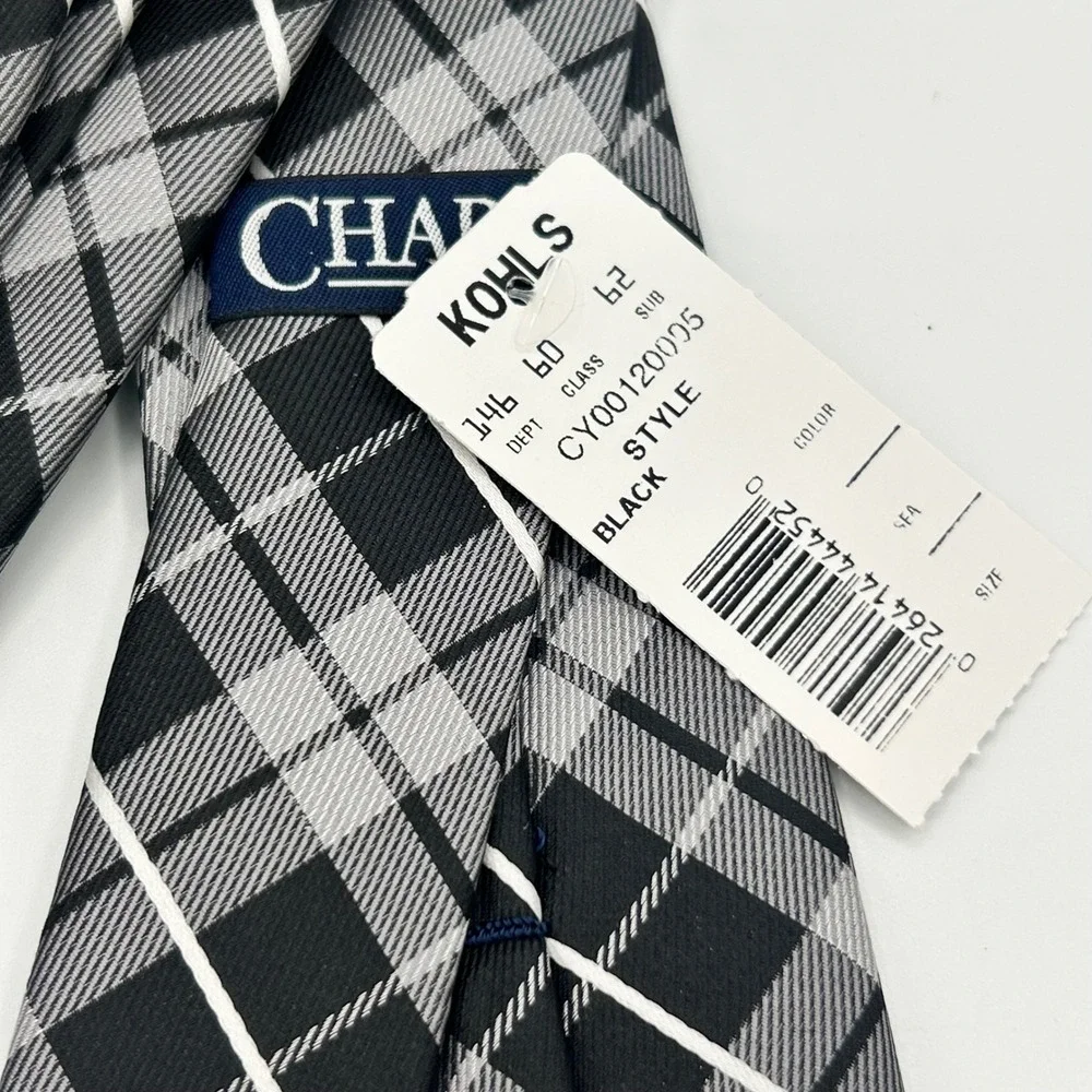 Chaps Mens Plaid Necktie Black White Grey Tartan Check Tie NWT